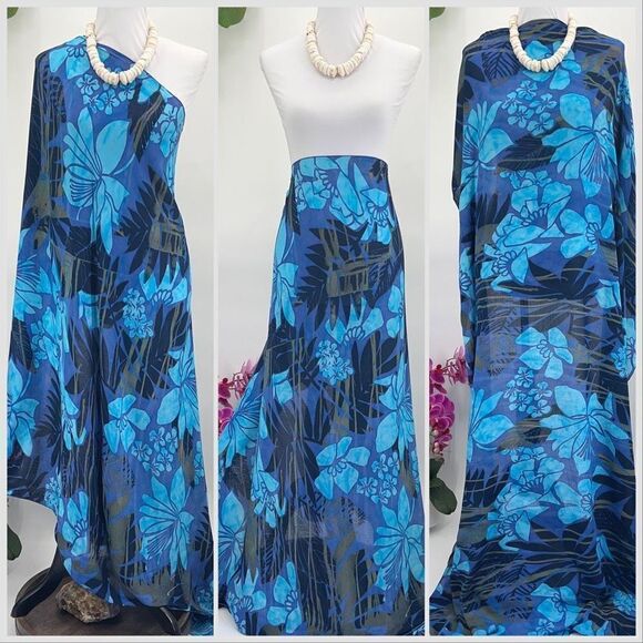 Blue Tan Tropical Floral MAXI SARONG Kīkepa Pareo Beach Wrap Skirt - Picture 1 of 5